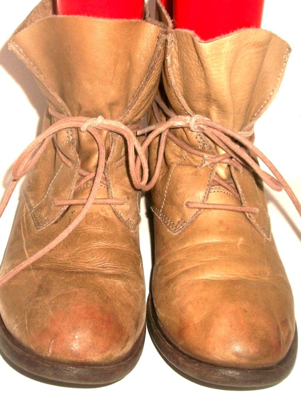 Lucky Brand Tan-Brown Leather Beat-Up Lace Up Hobo Boots